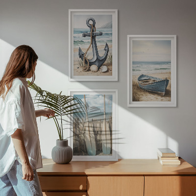 Tavelpaket med ramar Ankare båt åror strand