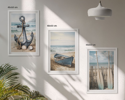 Tavelpaket med ramar Ankare båt åror strand