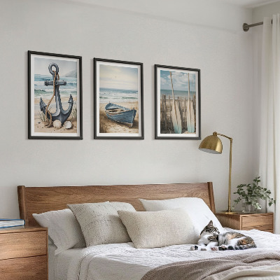 Tavelpaket med ramar Ankare båt åror strand