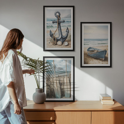 Tavelpaket med ramar Ankare båt åror strand