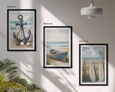 Tavelpaket med ramar Ankare båt åror strand