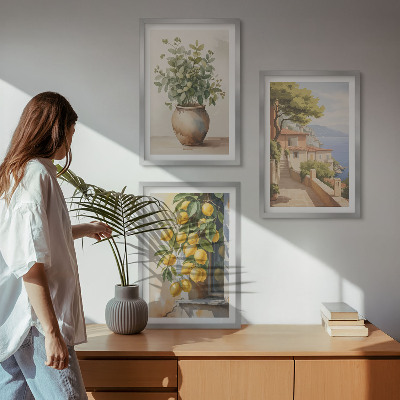Tavelset ovanför soffa Blommor i en vas, ett hav av citroner