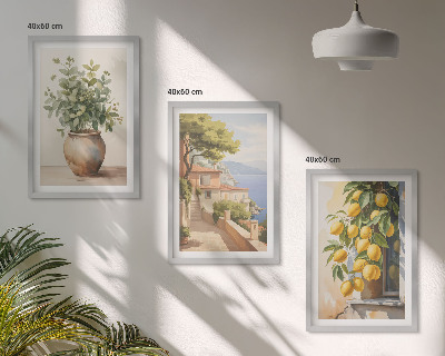 Tavelset ovanför soffa Blommor i en vas, ett hav av citroner