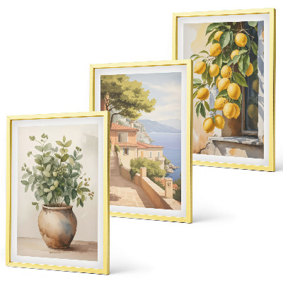 Tavelset ovanför soffa Blommor i en vas, ett hav av citroner