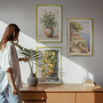 Tavelset ovanför soffa Blommor i en vas, ett hav av citroner
