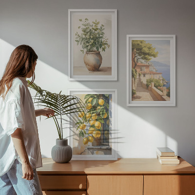 Tavelset ovanför soffa Blommor i en vas, ett hav av citroner