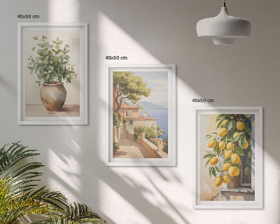 Tavelset ovanför soffa Blommor i en vas, ett hav av citroner