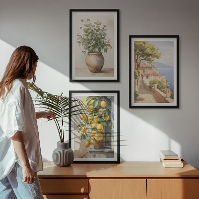 Tavelset ovanför soffa Blommor i en vas, ett hav av citroner