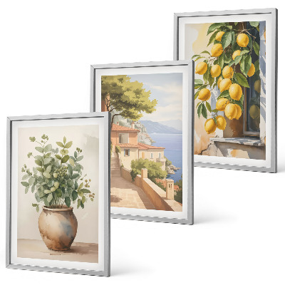Tavelset ovanför soffa Blommor i en vas, ett hav av citroner