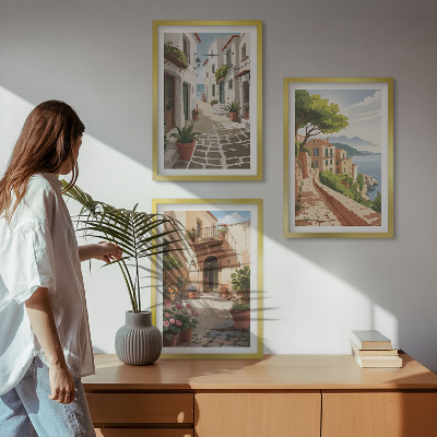 Tavelset ovanför soffa Gator, hus, växter, krukor