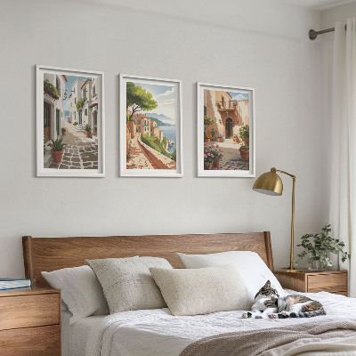 Tavelset ovanför soffa Gator, hus, växter, krukor