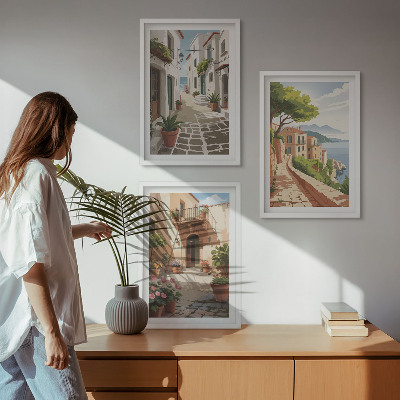 Tavelset ovanför soffa Gator, hus, växter, krukor