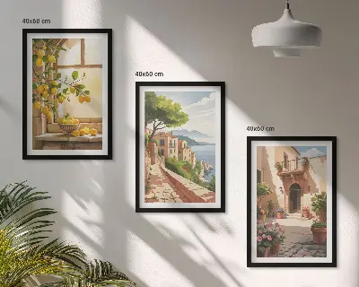 Citrusfrukter i köket vid havet set om 3 tavlor
