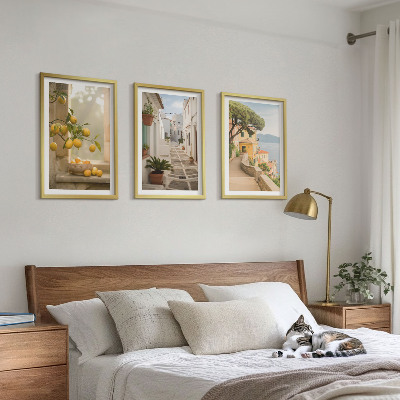 Tavelset ovanför soffa Fönstervy över citrusträd