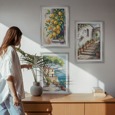 Tavelpaket med ramar Citroner, blommor, havsutsikt