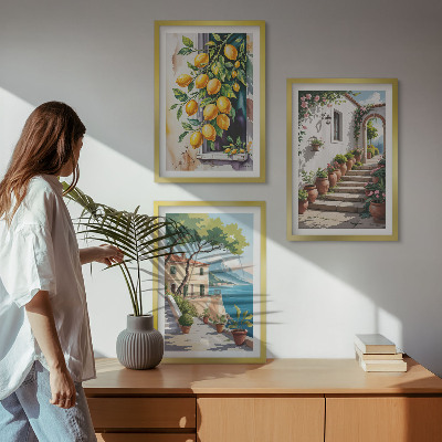 Tavelpaket med ramar Citroner, blommor, havsutsikt