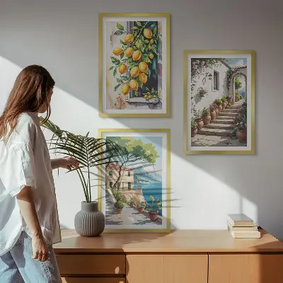 Tavelset med ramar citroner, blommor och havsutsikt