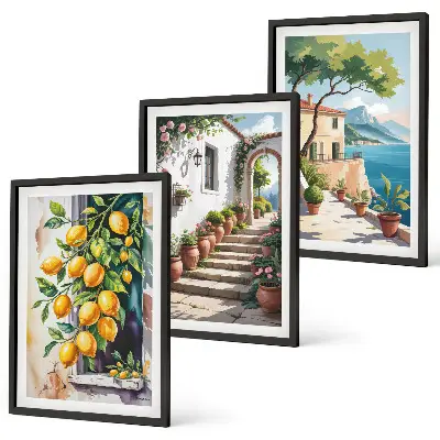 Tavelset med ramar citroner, blommor och havsutsikt