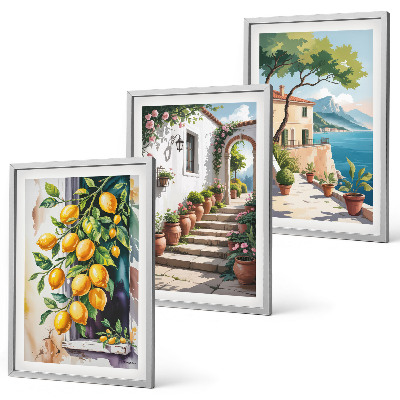 Tavelpaket med ramar Citroner, blommor, havsutsikt