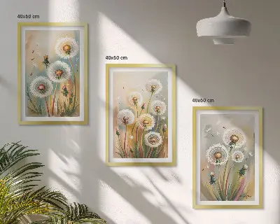 Tavelset med ramar maskrosblommor i pastellgräs