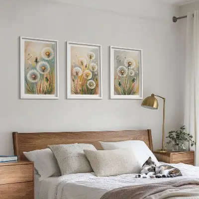 Tavelset med ramar maskrosblommor i pastellgräs