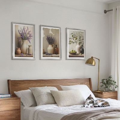 Set om 3 tavlor Blommor i vaser med oliver dekorationer