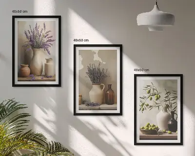 Blommor i vaser med olivdekoration set om 3 tavlor