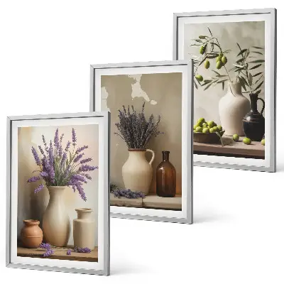 Blommor i vaser med olivdekoration set om 3 tavlor