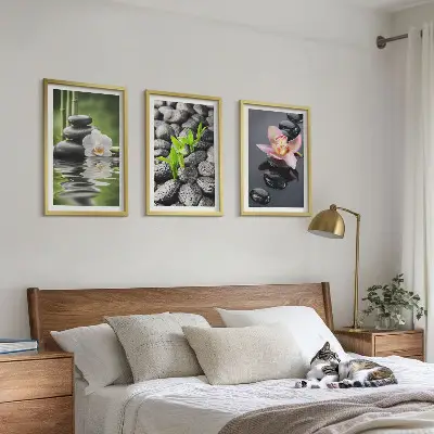 Tavelset för soffvägg lugn zenkomposition med blommor och vatten