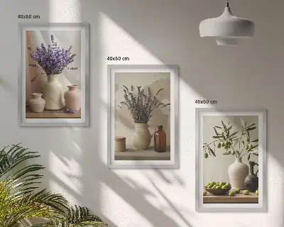 Tavelset med ramar lavendelblommor, oliver och kärl