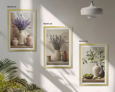Tavelset med ramar lavendelblommor, oliver och kärl