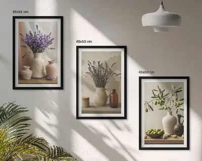 Tavelset med ramar lavendelblommor, oliver och kärl