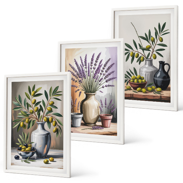Set om 3 tavlor Olivblommor i vaser i bakgrunden