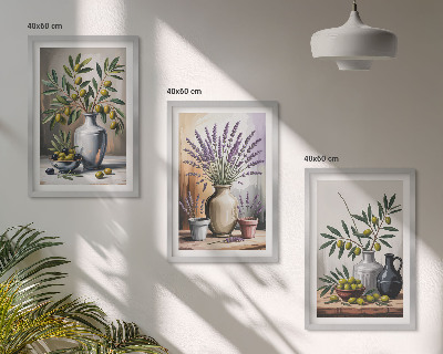 Set om 3 tavlor Olivblommor i vaser i bakgrunden
