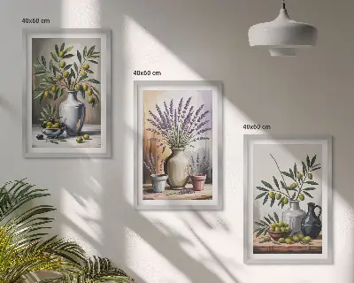 Olivblommor i vaser set om 3 tavlor