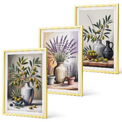 Set om 3 tavlor Olivblommor i vaser i bakgrunden