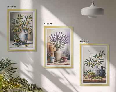 Set om 3 tavlor Olivblommor i vaser i bakgrunden