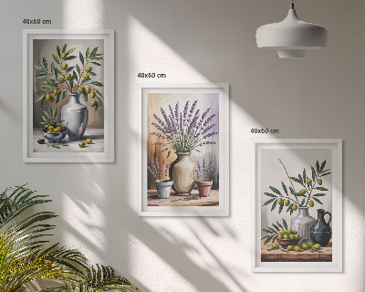 Set om 3 tavlor Olivblommor i vaser i bakgrunden