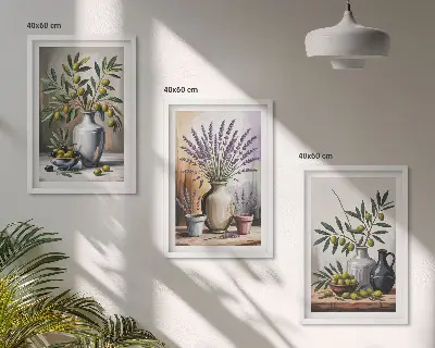 Olivblommor i vaser set om 3 tavlor