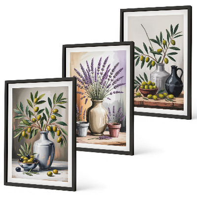 Set om 3 tavlor Olivblommor i vaser i bakgrunden
