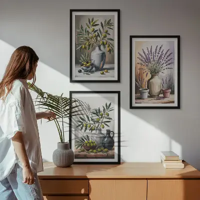 Olivblommor i vaser set om 3 tavlor