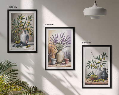 Set om 3 tavlor Olivblommor i vaser i bakgrunden