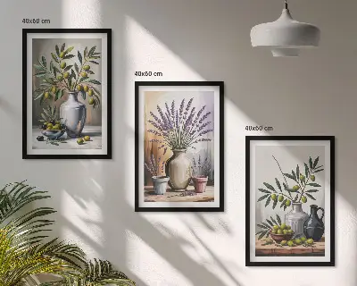 Olivblommor i vaser set om 3 tavlor