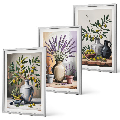 Set om 3 tavlor Olivblommor i vaser i bakgrunden