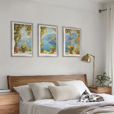 Tavelset med ramar havslandskap med citroner och fönstermotiv