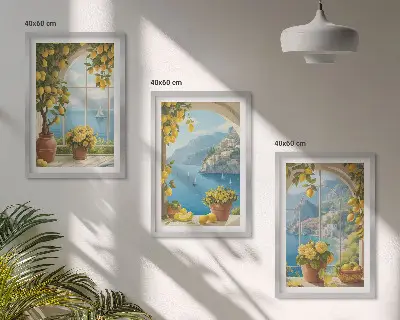 Tavelset med ramar havslandskap med citroner och fönstermotiv