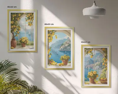 Tavelset med ramar havslandskap med citroner och fönstermotiv