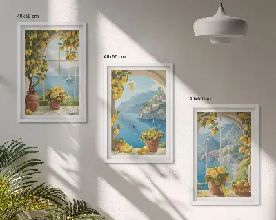 Tavelset med ramar havslandskap med citroner och fönstermotiv