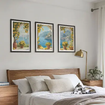 Tavelset med ramar havslandskap med citroner och fönstermotiv