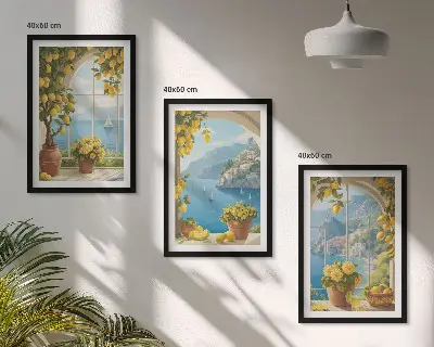 Tavelset med ramar havslandskap med citroner och fönstermotiv